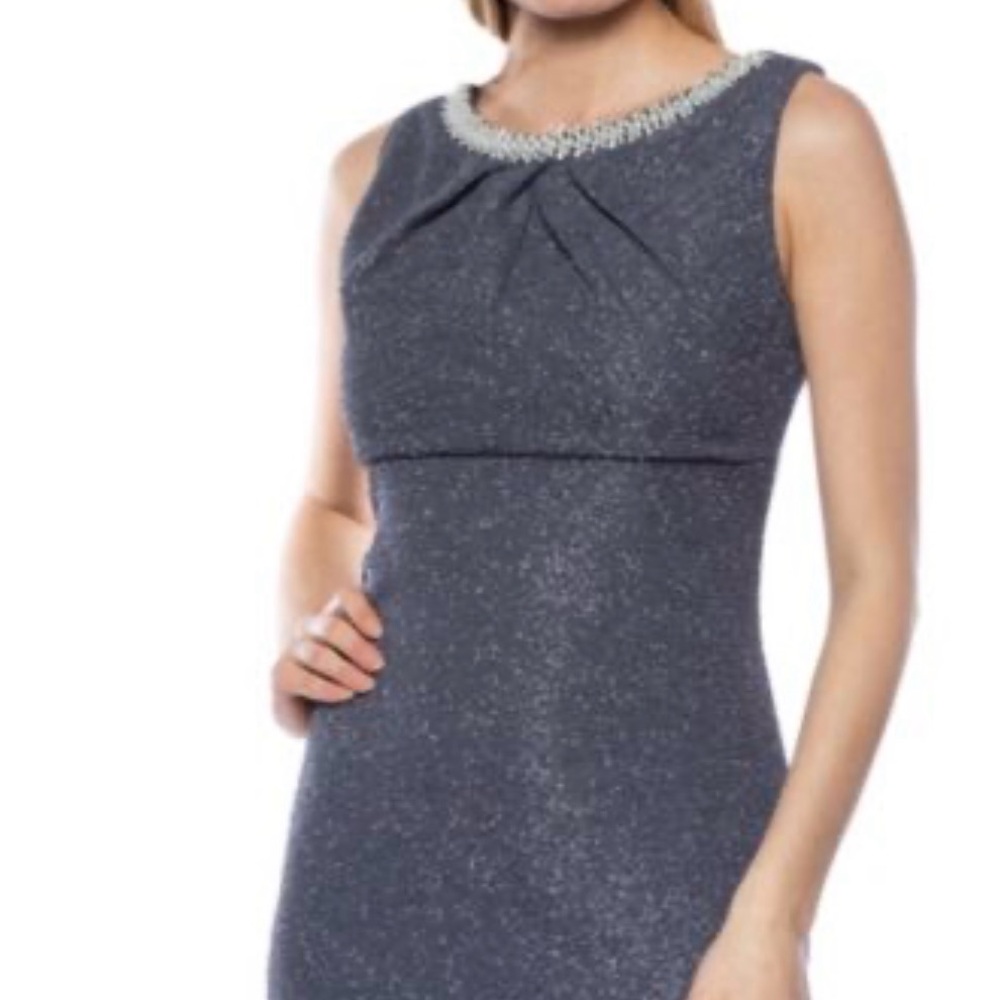 Marina Charcoal Gray Silhouette Shimmering Jewel Neckline Dress